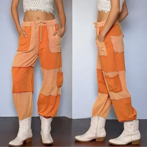 POL Jogger Pants Orange Patchwork Adjustable Drawstring Cargo Pockets Contrast - Picture 3 of 7